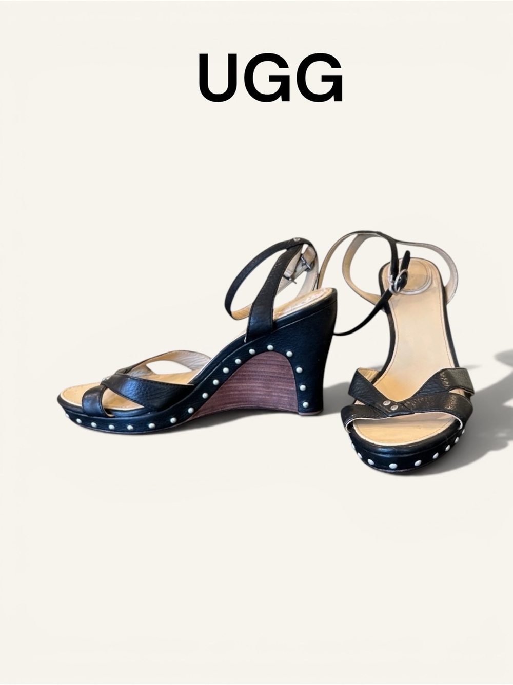 🩶 UGG Australia Black Leather Studded Wedge Sandals| Boho Sling-backs | Sz 9W